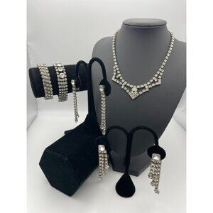 Clear Rhinestone Silver Tone Earrings Bracelets Necklace Lot